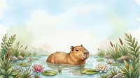 Capybara swimming in water surrounded by water lilies and aquatic plants in natural wetland habitat.