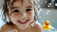 Happy child with wet hair and freckles playing in bath with yellow rubber duck toy and soap bubbles floating around, expressing pure joy and playful innocence.
