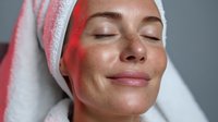 Young woman with freckles enjoying facial treatment with red LED light therapy, wearing white towel on head during spa skincare procedure.