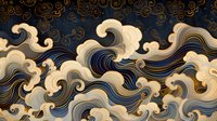 Abstract oriental wave pattern in traditional Japanese style with gold and blue swirls on dark background, perfect for luxury textile and wallpaper design.