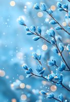 Delicate frost-covered blue leaves on winter branches with soft bokeh lights and snowflakes creating magical seasonal atmosphere. Perfect for holiday designs.