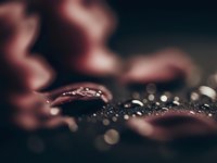 Close-up of hands holding sparkling water droplets with bokeh lights creating magical atmosphere for wellness and nature concepts.