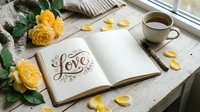Open journal with love lettering, yellow roses, and tea cup on rustic wooden table by window, cozy romantic flat lay.