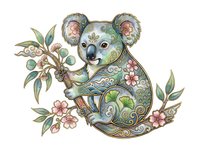 Decorative koala with ornamental patterns and floral elements, isolated on white background, suitable for t-shirt design, clipart, and creative projects.