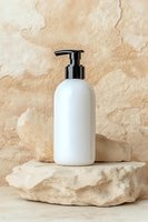 White pump bottle with black dispenser top displayed on natural stone rocks against textured beige background, suitable for skincare, cosmetics, and beauty product packaging mockups.