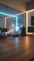 Businessman in suit holding transparent digital tablet with glowing neon interface icons for education, networking, and knowledge sharing in modern office environment.