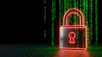 Digital security padlock with glowing red neon effect against matrix code background for cybersecurity and data protection concepts.