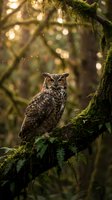 Great horned owl perched on moss-covered branch in enchanted forest with golden bokeh light filtering through trees creating magical atmosphere.