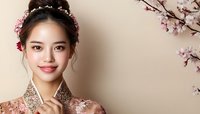 Young Asian woman in traditional pink embroidered dress with floral hair accessories posing against beige background with cherry blossom branch decoration.