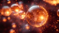 Glowing orange spheres with magical sparkles floating in dark space, creating mystical atmosphere with blurred bokeh lights and luminous particles effect.