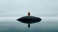 Solitary figure in orange jacket stands atop dark rock formation reflected in still water against misty gray sky, creating symmetrical minimalist composition.