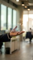 Businessman holding digital hologram with network icons in modern office space with windows and ambient lighting.