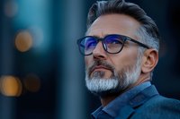 Confident mature businessman with gray beard wearing blue light blocking glasses gazes upward thoughtfully against blurred city lights background.