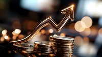 Stacks of silver coins with upward trending metallic arrow against blurred bokeh background showing financial growth and investment success.