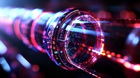 Futuristic technological abstract with glowing neon circles and light trails in blue and red colors against dark background, creating cyberpunk atmosphere.