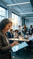 Mature businesswoman using tablet during corporate meeting in modern office with diverse team collaborating in background for business presentations.