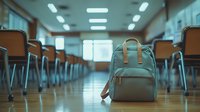 School backpack sits on polished floor in empty classroom with rows of wooden desks and chairs under bright fluorescent lighting for education concepts.