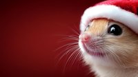 Adorable hamster wearing red Santa hat against dark red background, close-up view showing pink nose and whiskers. Festive holiday pet portrait.