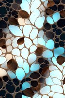 Abstract mosaic pattern with organic cell-like shapes in turquoise, brown, and white tones creating fluid movement and depth against dark background.