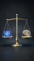 Golden scales balancing artificial intelligence chip and human brain representing technology versus humanity ethical decision making concept.