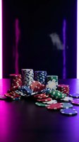 Colorful poker chips stacked and scattered on dark surface with vibrant neon lighting creating dramatic atmosphere for gaming and entertainment concepts.