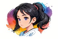 Young Asian anime girl with black ponytail and blue eyes in side profile portrait against vibrant watercolor splash background in contemporary manga art style.