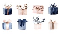 Watercolor gift boxes in navy blue and blush pink with bows and botanical elements create an elegant collection for holiday and celebration designs.