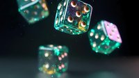 Glowing translucent dice floating in dark space with vibrant turquoise and pink colors, dramatic lighting creates mystical atmosphere for gaming and fortune concepts.