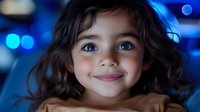 Young Hispanic girl with curly dark hair and bright smile against blurred blue bokeh background, expressing joy and innocence in atmospheric evening lighting.