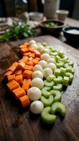 Fresh chopped vegetables on wooden cutting board with carrots, onions and celery prepared for cooking soup or stew in rustic kitchen setting.