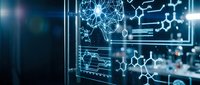 Futuristic digital interface displaying molecular structures, neural networks and data analytics on transparent screen for technology and science applications.