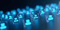 Glowing blue digital user profile icons in glass cubes on dark background, concept for social network connections and online community.
