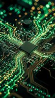 Glowing green and gold circuit board with central processor chip showing illuminated pathways and bokeh lights for technology and computing concepts.