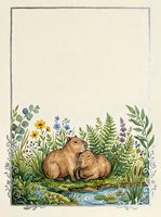 Watercolor capybara family resting by pond with wildflowers and ferns on textured paper background for nature greeting cards and botanical art prints.