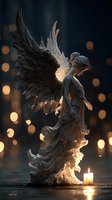 Majestic angel statue with detailed wings illuminated by warm candlelight and bokeh lights creating spiritual atmosphere for religious and memorial designs.