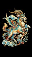 Ornate mythical goat with wings and horns, featuring intricate gold, turquoise, and coral decorative patterns. Isolated on transparent background, ready for t-shirts, stickers, clipart, and print-on-demand designs.
