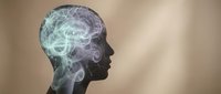 Young adult male with glowing neural pathways and brain activity visualization inside head silhouette against neutral background. Represents intelligence, cognition, neuroscience, and mental processes for educational and medical use.