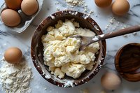 Fresh cottage cheese in rustic brown ceramic bowl with scattered eggs and flour on marble surface, overhead view showing creamy dairy texture.