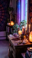 Mystical altar setup with burning candles, healing crystals, amethyst, sage bundle and spiritual tools on wooden table in bohemian room for meditation rituals.