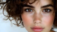 Close up portrait showing natural makeup look with freckles, rosy cheeks, and curly brown hair against light background. For beauty and cosmetic advertising.