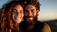 Happy young couple with curly hair smiling at golden hour sunset. Bearded man and woman enjoying romantic moment outdoors in warm natural light.