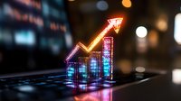 Glowing neon financial graph with upward trend arrow on laptop keyboard, showing market growth statistics with colorful light effects and bokeh background.