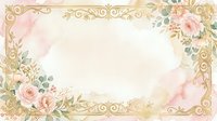 Vintage floral frame with ornate gold borders and pink roses on cream background, isolated design element for wedding invitations, greeting cards, and decorative projects.