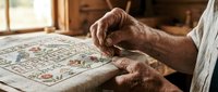Elderly hands carefully stitching a colorful cross-stitch sampler with floral and alphabet patterns on linen fabric near a sunlit window.