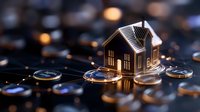 Small house model on stack of golden coins with blurred bokeh background, representing real estate investment, property market and financial growth.