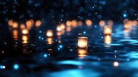 Glowing paper lanterns floating on dark water surface with magical blue sparkles and light reflections creating dreamy atmospheric scene.