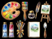 Artist supplies collection with wooden palette, paintbrushes, ink bottles, feather quill, easel, canvas, and palette knife isolated on transparent background. Ready for art education, design projects, t-shirt designs, clipart, stickers, and print-on-demand products.