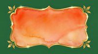 Watercolor orange gradient frame with ornamental gold leaf corners on green background, suitable for invitations, greeting cards, and decorative design projects.