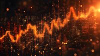 Orange glowing stock market chart with rising trend line against dark background showing financial data visualization and digital network connections.