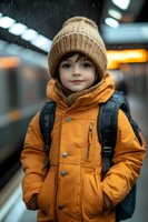 Young child wearing orange winter jacket and knit hat with backpack standing in snowy urban street scene with blurred city lights background.